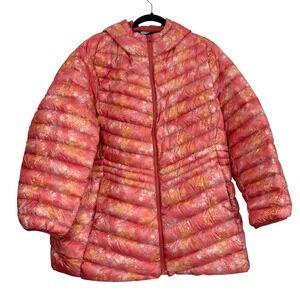 Lands End Womens 2X Down Puffer Jacket Pink Orange Floral Hooded Quilted Coat